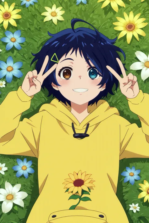 ohto ai,1girl,solo,heterochromia,short hair,yellow hoodie,hood,blue eyes,hoodie,hair ornament,hairclip,shorts,hood down,upper body,peace sign,smile,lying, on back, looking at viewer, head tilt,cowboy shot BREAK outdoors,blue flowers,yellow flowers    <lora...