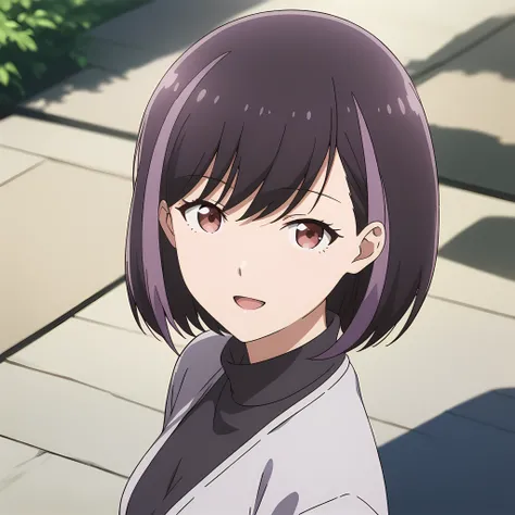 honjouji_rika, black hair, streaked hair, purple hair, brown eyes, short hair, bangs, smile, upper body view, medium breast, looking viewer, open mouth, <lora:XL-HonjoujiRika:1>, (masterpiece),(best quality),(ultra-detailed),(best illustration),(best shado...