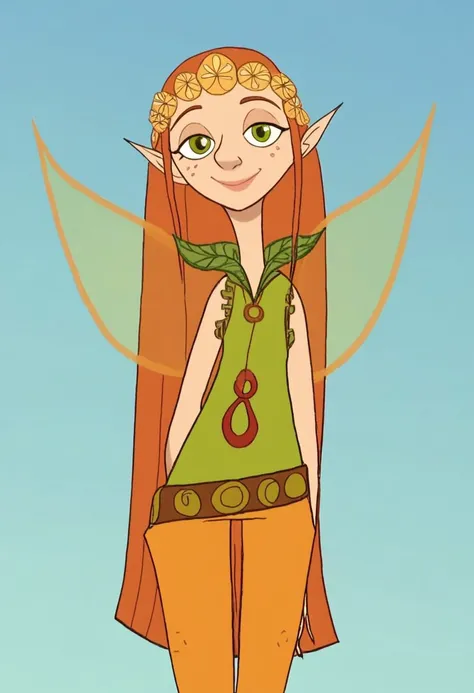 Score_9_up, Score_8_up, Score_7_up, easynegative, ng_deepnegative_v1_75t,
relaxed, standing, outdoors, smile, looking at viewer
Fern, 1girl, Green Eyes, Orange Hair, Long Hair, Pointy Ears, Fairy Wings, Green Sleeveless Shirt, Orange Pants, Necklace