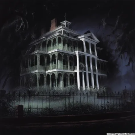 antebellum house, haunted mansion disneyland, wrap around porch, green cast iron railings, southern plantation house architecture, brick fence, cast iron fence, haunted house, swamp, spooky atmosphere, swamp, fog, night time, haunted house