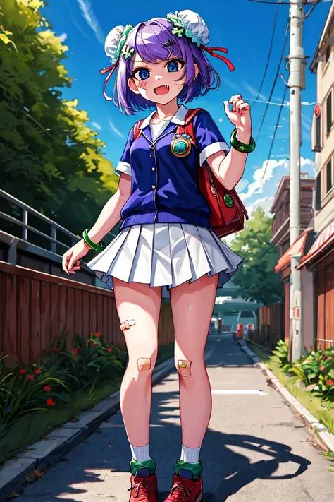 masterpiece, master quality, high resolution, ultra-detailed, beautiful, best quality, absurdres, perfect anatomy, 8k, beautiful detailed face, small breasts, petanko, poakl, standing, outdoors, park,mii,1girl,badge,bandaid,bandaid on knee,blue eyes,bracel...