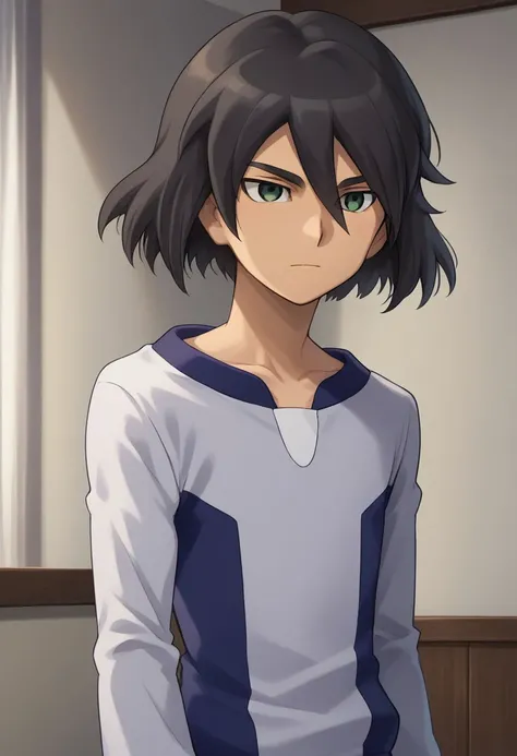 score_9, score_8_up, score_7_up, source_anime, highly detailed, 
haruki, 1boy, male focus, solo, black hair, hair between eyes, green eyes, pajama, shirt, grey shirt, long sleeves,
indoor,