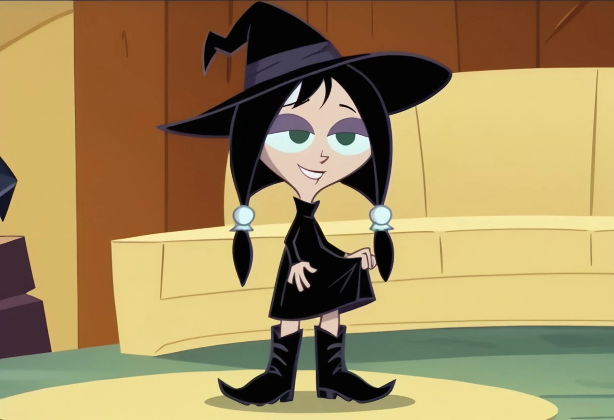 score_9, score_8_up, score_7_up BREAK MansonM, 1girl, black hair, dark green eyes, purple eyeshadow, white scrunchies, pigtails, black witch dress, black witch hat, black witch boots, closed smile, magic, magic spell, coven house indoors, scary coven backg...