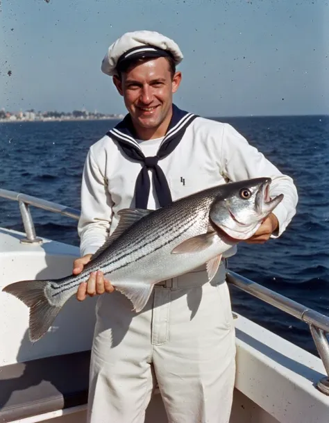 arafed man in sailor's uniform holding a fish on a boat