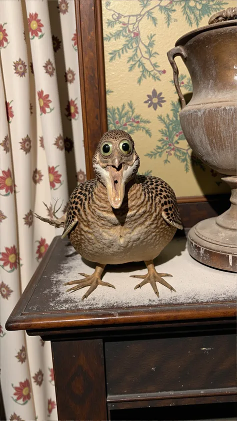 A photo of a bad taxidermi quail perched atop a dusty, cobweb-covered, antique wooden mantle, surrounded by faded, floral-patterned curtains and a forgotten, tarnished trophy cup. The quails glassy eyes are slightly crossed, its beak is misaligned, and its...