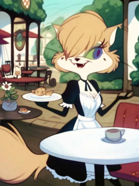 score_9, score_8_up, score_7_up, score_6_up, score_5_up, score_4_up, solo, source furry, Mehitabel, maid uniform, cafe, table, chair, crowd, detailed face, detailed eyes, detailed face, detailed eyes <lora:mehitabel-v1:1>