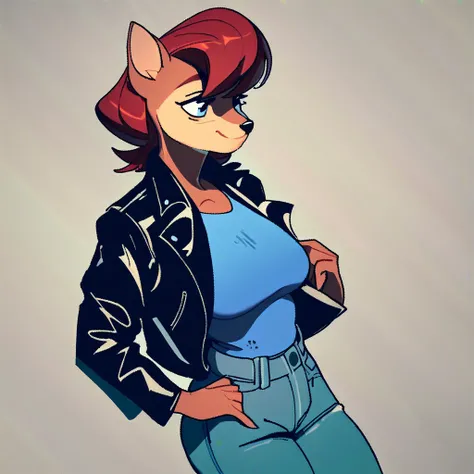 score_9, score_8_up, score_7_up, score_6_up, score_5_up, score_4_up, rainbowify, anthro, sally acorn, large breasts, rating_safe, leather jacket, denim pants