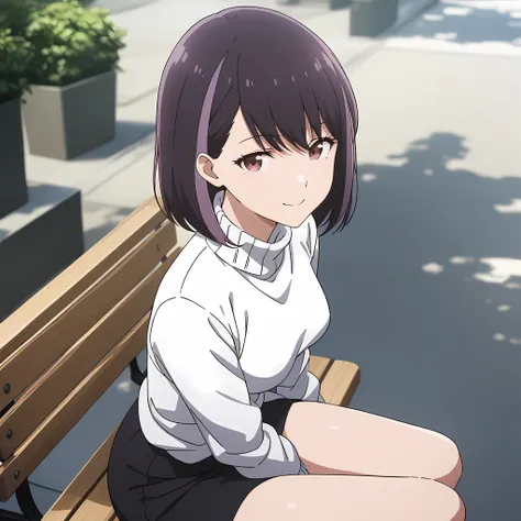 honjouji_rika, black hair, streaked hair, purple hair, brown eyes, short hair, bangs, smile, upper body, white turtleneck sweater, business suit, medium breast, black skirt, black heels, full body, sitting on bench, looking viewer, <lora:XL-HonjoujiRika:1>...