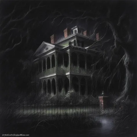 antebellum house, haunted mansion disneyland, wrap around porch, green cast iron railings, southern plantation house architecture, brick fence, cast iron fence, haunted house, swamp, spooky atmosphere, swamp, night time, haunted house, rainy night, stormy,...