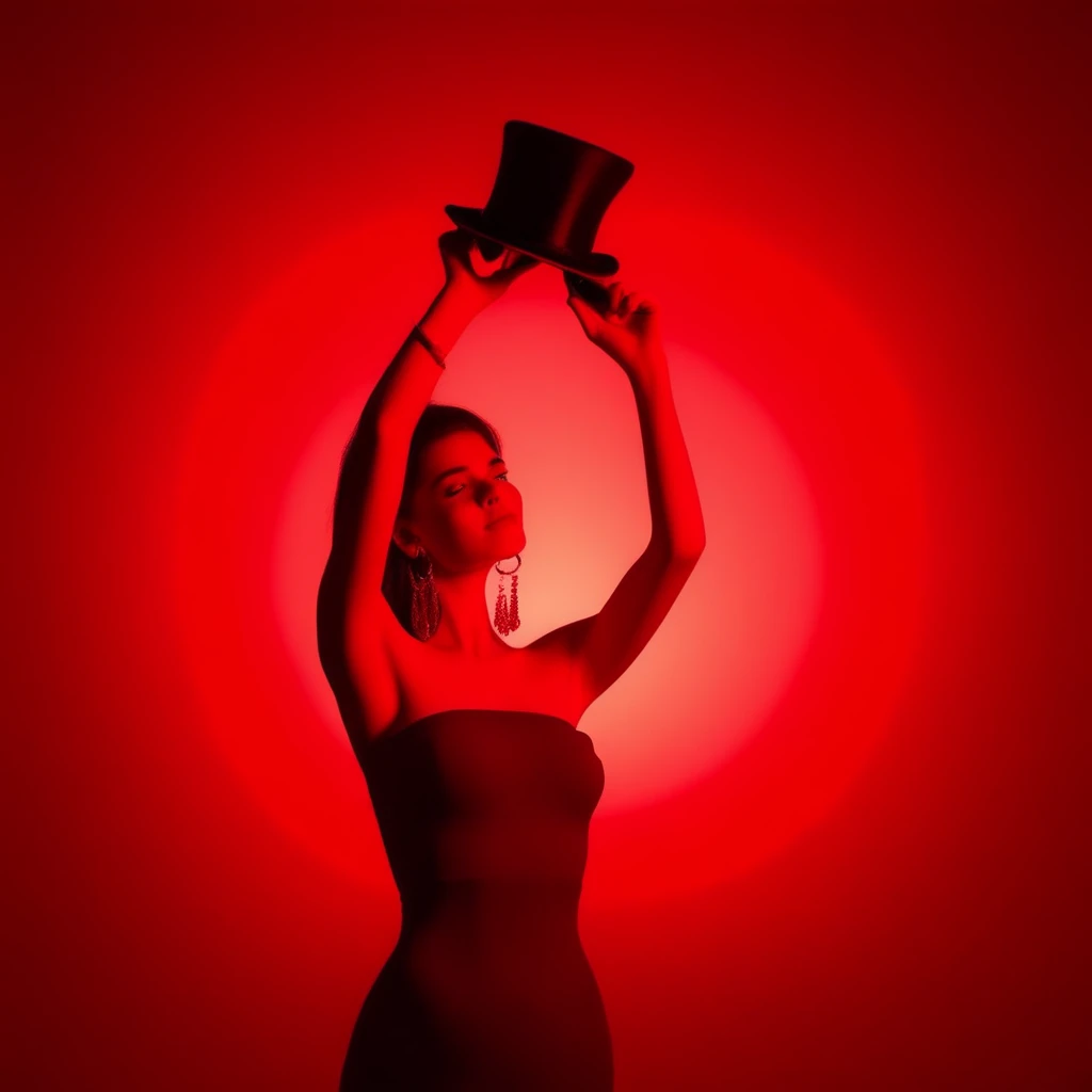 arms up, top hat, holding phone, strapless, red theme, backlighting, 1girl, earrings, phone