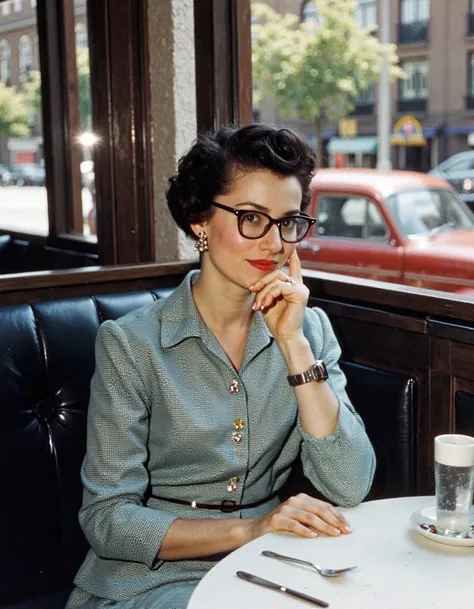 woman sitting at a table in a restaurant with a cup of coffee