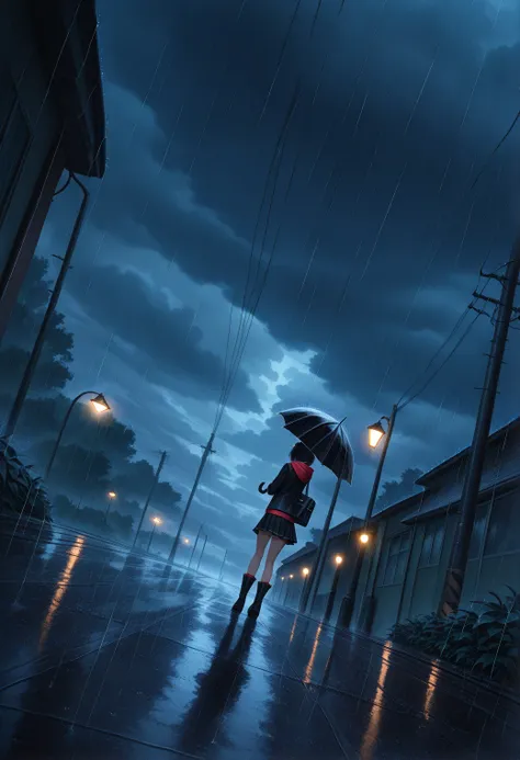 beast_quality,masterpiece, 1girl, umbrella, rain, solo, power lines, sky, outdoors, cloud, bag, utility pole, holding, scenery, skirt, cloudy sky, holding umbrella, black hair, short hair, lamppost, hood, dutch angle, boots, standing, from behind, pleated ...