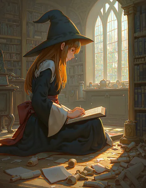 A young witch girl bathed in the glow of sunlight filtering through expansive windows. She sits cross-legged on a worn wooden library floor surrounded by scattered ancient tomes and scrolls, her fingers tracing the arcane symbols glowing on an open grimoir...