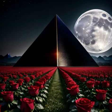 masterpiece, intricate photo, field of roses, black pyramid with shiny sleek sides, background moon wasteland, hyper realistic, highly detailed, sharp focus, high resolution, best quality, colorful, cozy outdoor lighting, 8K <lora:BlackPyramid:1>