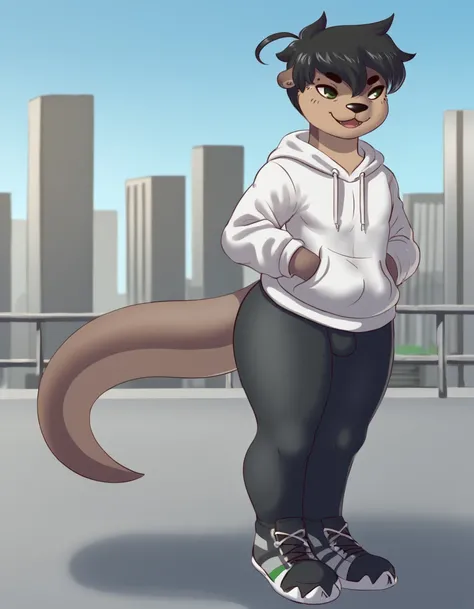 city, 
Shin,1boy,solo,tail,otter tail,animal ears,furry,green eyes,short hair,black hair,furry male,snout,dark skin,animal nose,mole under eye,
smile,happy, 
full body, 
black spandex,white hoodie,  
 <lora:Shin_v01_PDXL:1>,
 <lora:add-detail-xl:1>