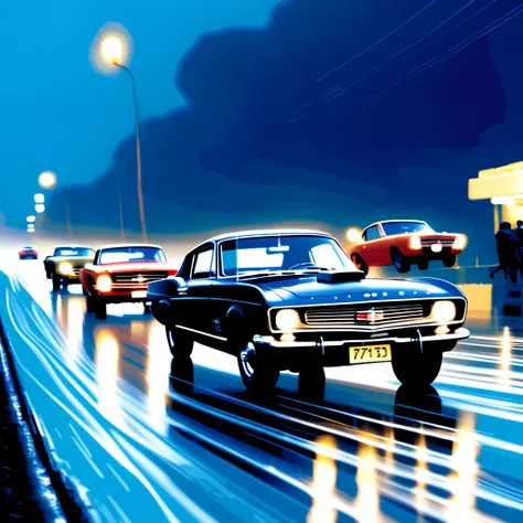 vintage cars racing at night in the rain, bookmark, ,hueforge