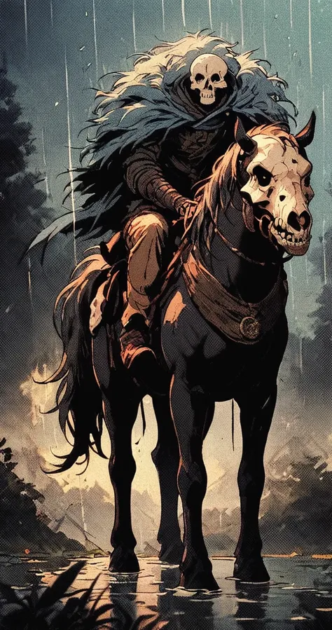 score_9, score_8_up, score_7_up, score_6_up, score_5_up, score_4_up, 
 <lora:Retro_Anime_PONY:.7>
a man riding on the back of a horse in the rain with a skull ashis head, elden ring, concept art, fantasy art