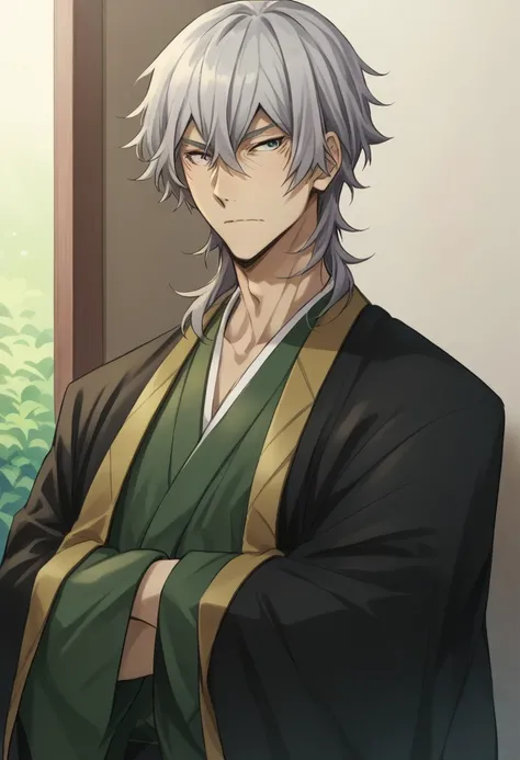 score_9, score_8_up, score_7_up, source_anime, highly detailed, 

yukichi, 1boy, male focus, solo, grey hair, hair between eyes, grey eyes, japanese clothes, kimono, green kimono, haori, hands in opposite sleeves, crossed arms, upper body

outdoor,