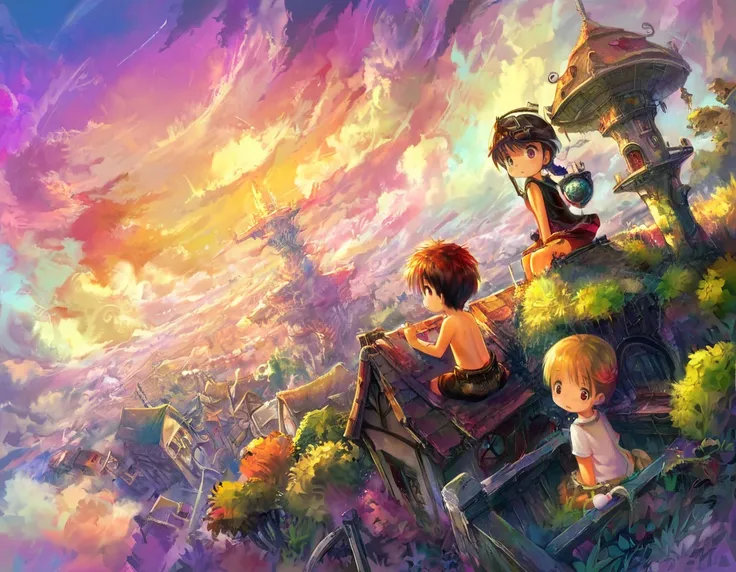 score_9, score_8_up, score_7_up, score_6_up, source_anime, anime artwork, <lora:by_tsukushi_akihito-pony:0.8>, by tsukushi akihito, 2girl, multiple girls, child, colorful, rainbow colored, roof, fisheye perspective, village, house, trees, fantasy, sunset, ...