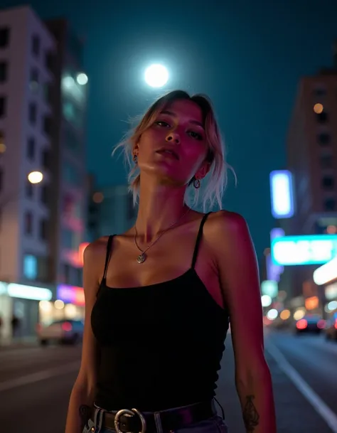 A cinematic low angle of a female cyberpunk. She wears a black tank top. In the background is a city at night the moon lights the scene with intense colors.<lora:AlbiFlux1:1>