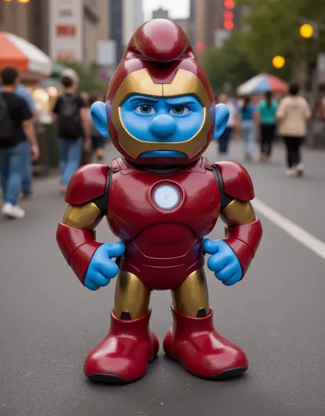 A smurf is wearing a ironman costume <lora:The_smurfs:0.9>