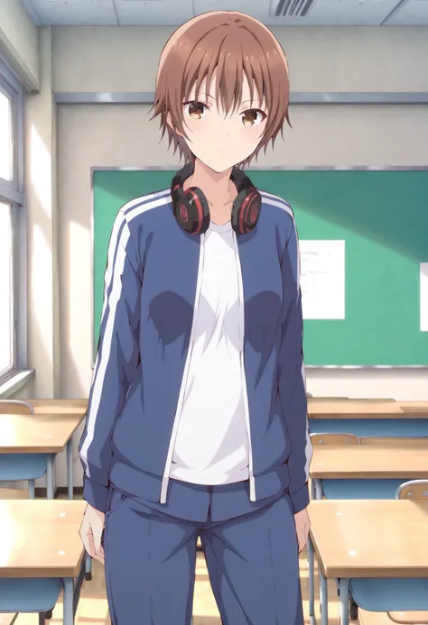 score_9, score_8_up, score_7_up, source_anime, 
BREAK,
 <lora:ninomae_kanade_ponyXL_v1:1> ninomae kanade, brown hair, short hair, brown eyes, 1girl, solo, headphones around neck, track jacket, pants, looking at viewer, classroom, standing,