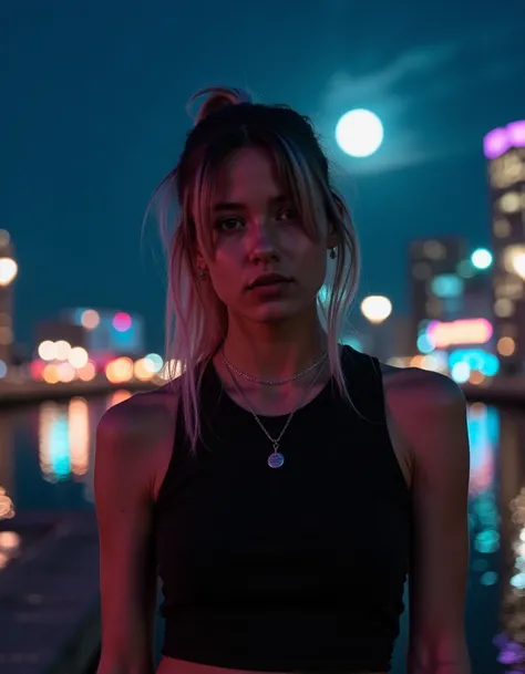 A cinematic low angle of a female cyberpunk. She wears a black tank top. In the background is a city at night the moon lights the scene with intense colors.<lora:AlbiFlux1:1>