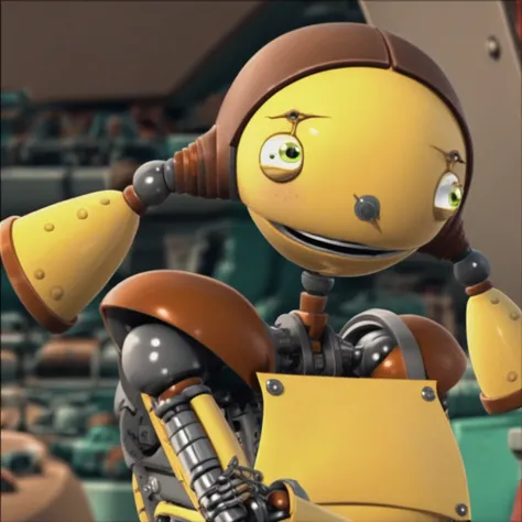 gray metal hands, brown shoulder pads, green eyes, bolted nose, robot girl, yellow robotic arms, brown metal hair, yellow pigtails, yellow humanoid, Piper, yellow boots