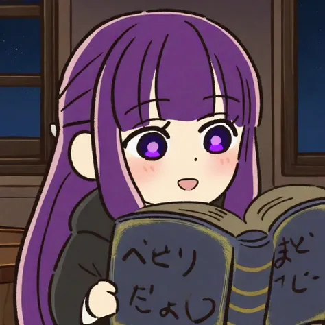 <lora:mofafulilian_ill-xl-000090:1>,1girl, solo, fern_(sousou_no_frieren), purple_hair, book, purple_eyes, holding, long_hair, open_mouth, holding_book, smile, reading, indoors, window, night, :d, open_book, blunt_bangs, blush, black_robe, robe, black_coat...