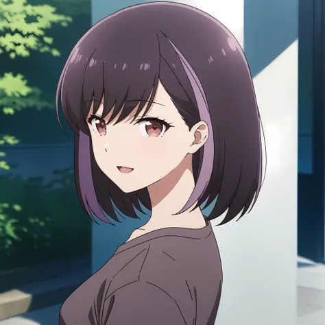 honjouji_rika, black hair, streaked hair, purple hair, brown eyes, short hair, bangs, smile, upper body view, medium breast, looking viewer, open mouth, <lora:XL-HonjoujiRika:1>, (masterpiece),(best quality),(ultra-detailed),(best illustration),(best shado...