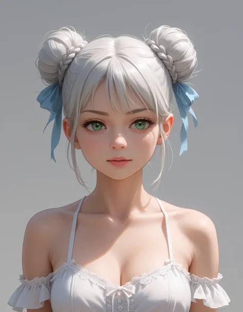 1girl, girl, (anatomically correct:1.2), (toned:1.2), BREAK (score_9, score_8_up, score_7_up:1.3), BREAK <lora:bb271_fiona.32:1> white hair, buns, green eyes,