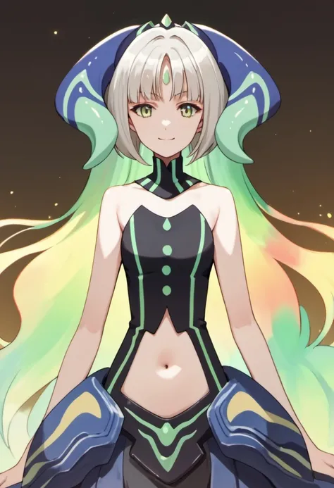 score_9, score_8_up, score_7_up, source_anime, flameu, green eyes, multicolored iridescent hair, long hair, 1girl, solo, navel, navel cutout, looking at viewer, bare shoulders, horns, very long hair, twintails, smile, forehead mark

