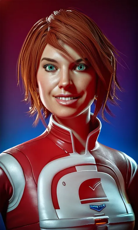 3d render, semi-realistic, score_9, score_8_up, score_7_up, extremely detailed, 1girl, solo, suvianwar, brown hair, teal eyes, bodysuit, pilot suit, glove, looking_at_viewer, smile, bright_pose, beautiful_look, dark_background, cinematic_light, masterpiece