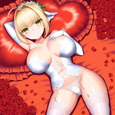 (colorful:0.8),nsfw,2023,2022, 2021, newest,
breasts,dutch angle,shiny skin,1girl,solo,nero claudius (bride) (fate),  blonde hair,hair intakes,green eyes,white panties,red roses, :),from above,cowboy shot,dutch angle,on back,contrapposto,white lingerie,bri...