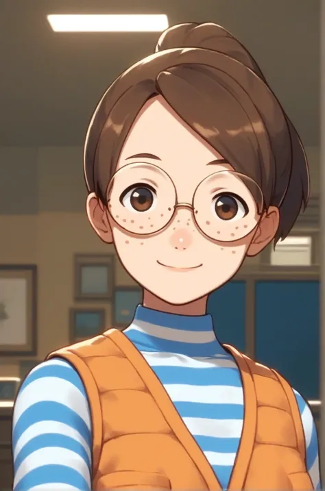 score_9, score_8_up, score_7_up, source_anime, masterpiece, best quality, absurdres, indoors, 1girl, looking at viewer, light smile,  <lora:penny3_lora:1>, brown hair, vest, freckles, striped jumper, ponytail, round glasses,