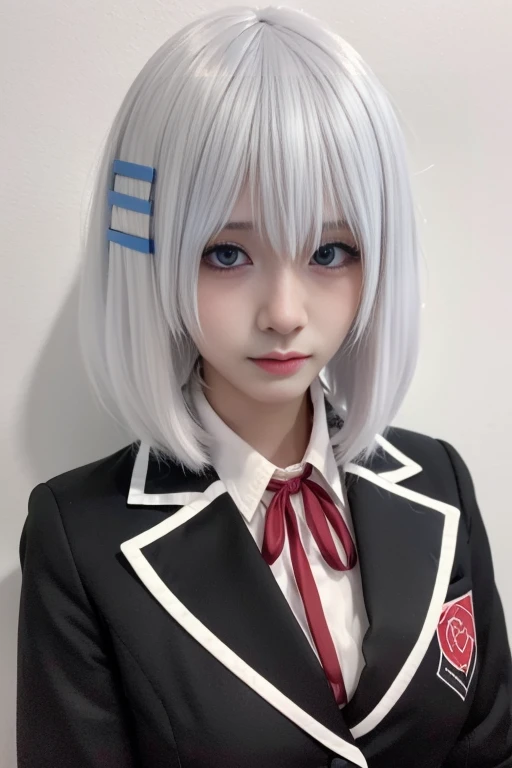 ltra-detailed,highly detailed,best quality,masterpiece,illustration, drawing, realistic, photorealistic,
origami, tobiichi origami, 1girl, solo, cosplay, 
school uniform, long sleeves, jacket, blazer, neck ribbon, red ribbon, 
medium hair, white hair, bang...