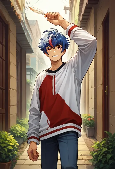 score_9,score_8_up,score_7_up,score_6_up,score_5_up,score_4_up,source_anime BREAK akina myodo, 1boy, male focus, solo, smile, red-white shirt, feathers, holding feather, arm up, pants, (jeans:0.5), black shirt,