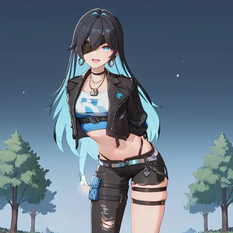 zPDXL3, 1girl,solo, xiva, black hair, blue eyes, eyepatch, long hair, blue hair, multicolored eyes, multicolored hair, breasts, two-tone hair, jewelry, fingerless gloves, earrings, midriff, cropped jacket, open jacket, pants, black jacket, crop top, white ...