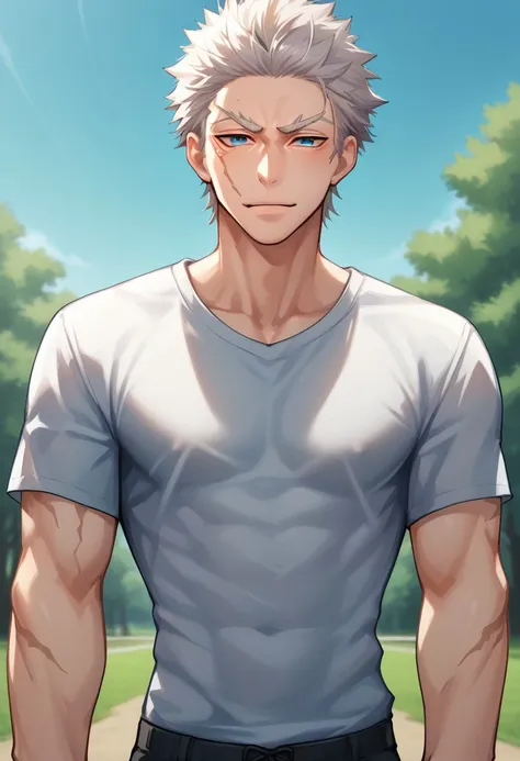 score_9, score_8_up, score_7_up, source_anime, highly detailed, 
nagakura, 1boy, male focus, solo, muscular, muscular male, pectorals, white hair, short hair, blue eyes, scar, scar on face, shirt, white shirt, short sleeves, portrait, looking at viewer, fa...