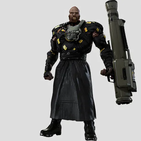 <lora:nemesis_pony_v3:1> Nemesis, holding weapon, zombie, rocket launcher, bald, holding gun, white background, dark skin, gloves, dark-skinned male, boots, full body, facial hair, simple background, black footwear, standing, old, science fiction, cyberpun...