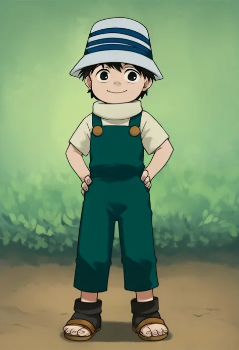 score_9, score_8_up, score_7_up, source_anime, highly detailed, young, 1boy, solo, cute boy, inariclassic, young, male, blue and white striped bucket hat, overalls, white shirt, 1boy, solo, male focus, hat, overalls, black hair, sandals, black eyes, front ...