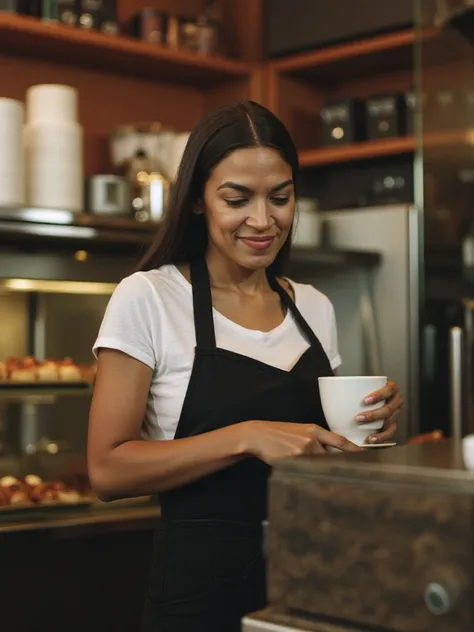 movie scene, still of aczw woman,
(wearing Barista outfit:1.2), (wearing an apron and tshirt:1.2),(Coffee Shop Counter:1.2),(brewing coffee with a display of pastries:1.2)
, faded colors, washed out image, film grain, 90s analog photo
Show less