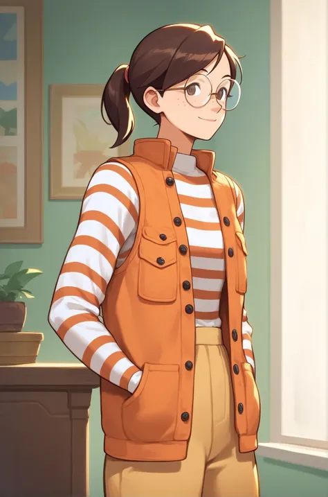 score_9, score_8_up, score_7_up, source_anime, masterpiece, best quality, absurdres, indoors, 1girl, looking at viewer, light smile,  <lora:penny3_lora:1>, ace attorney, brown hair, vest, freckles, striped jumper, ponytail, round glasses, feet out of frame...