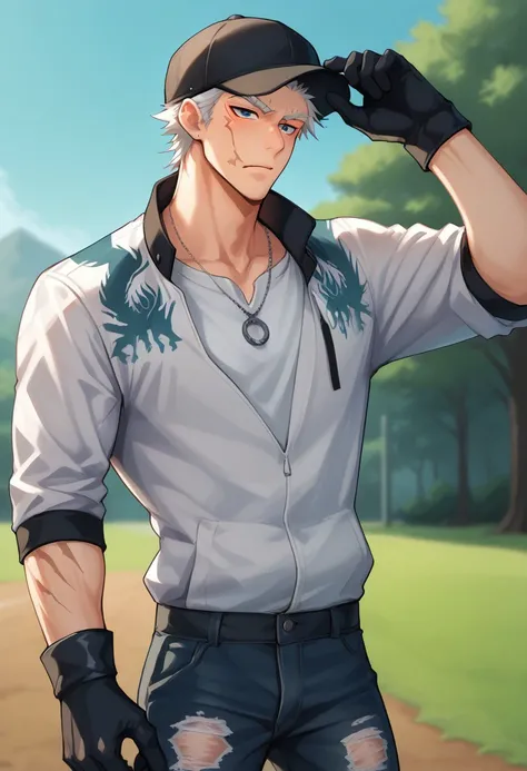 score_9, score_8_up, score_7_up, source_anime, highly detailed, 
nagakura, 1boy, male focus, solo, muscular, muscular male, pectorals, white hair, short hair, blue eyes, scar, scar on face, hat, baseball cap, black headwear, jacket, white jacket, print jac...