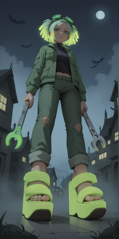 score_9, score_8_up, score_7_up, score_6_up, source_anime,
wide angle, standing, low angle, foot focus, 
standing,
holding a giant wrench as a weapon,
(glowing neon footwear:1.1),
(glowing neon hair:1.15),
1girl, leather pants, green short jacket, black an...