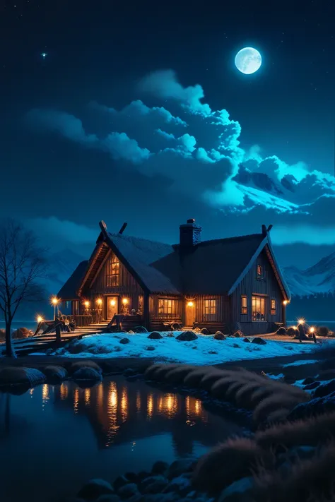 nighttime scene of a cabin with a pond and a full moon