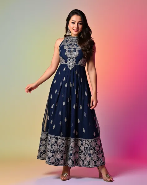 full body photo of Priyal Gor woman,candid photo with natural colors, pouting expression on face,studio quality, wearing intricate high neck elegant Navy sleeveless Patiala Suit, curls, pastel shaded multicolored background, cinematic lighting<lora:TestBed...