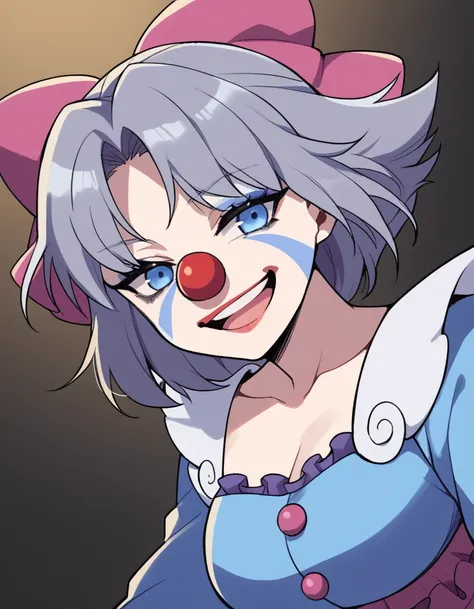 score_9, score_8_up, score_7_up, source_anime, <lora:sk-yumi-s1-ponyxl-lora-nochekaiser:1>, yumi, short hair, blue eyes, grey hair, hair bow, parted bangs, large breasts,, <lora:clown-ponyxl-lora-nochekaiser:1>, clown, makeup, clown nose, facepaint, gloves...