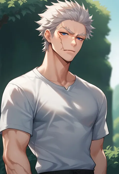 score_9, score_8_up, score_7_up, source_anime, highly detailed, 
nagakura, 1boy, male focus, solo, muscular, muscular male, pectorals, white hair, short hair, blue eyes, scar, scar on face, shirt, white shirt, short sleeves, portrait,
outdoor,