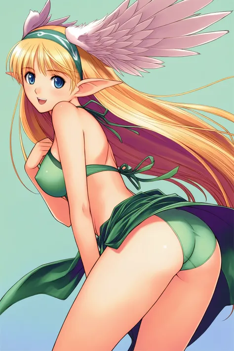 Elwing,1girl,head wings,long hair,swimsuit,ass,pointy ears,solo,wings,bikini,breasts,blonde hair,blue eyes,looking back,green bikini,gradient background,smile,long pointy ears,looking at viewer,sarong,sideboob,open mouth,halterneck,green background,hairban...